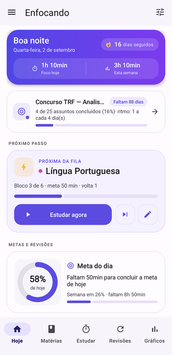 Tela inicial do Enfocando mostrando o resumo do dia
